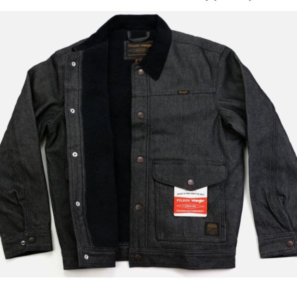 Filson x Wrangler Denim Work Jacket Men's XL Sherpa Lined 14.5 oz Black Rigid